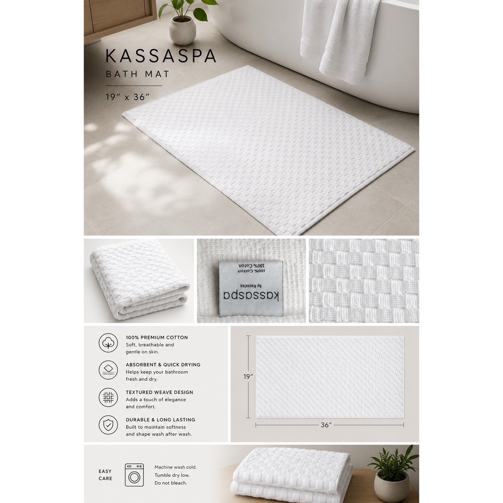 Kassaspa Bath Mat 19" x 36" White New 100% Cotton Textured Weave Rug